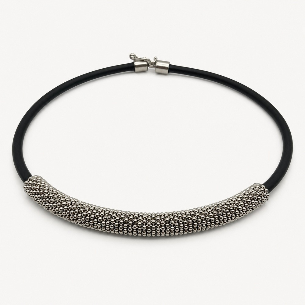 Freedom Topshop Black Rubber Silver Beaded Slider Choker Necklace Minimalist